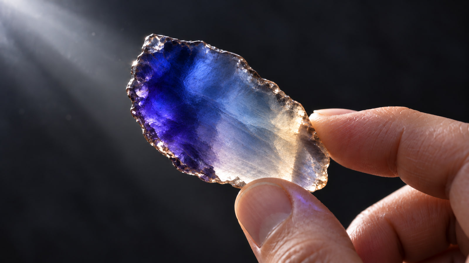 Light breaking through a sliver of cordierite, the gem known as iolite